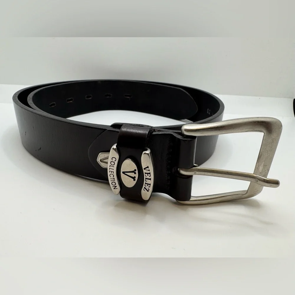 VELEZ COLLECTION GENIUNE LEATHER MEN'S BELT SILVER‎ BUCKLE